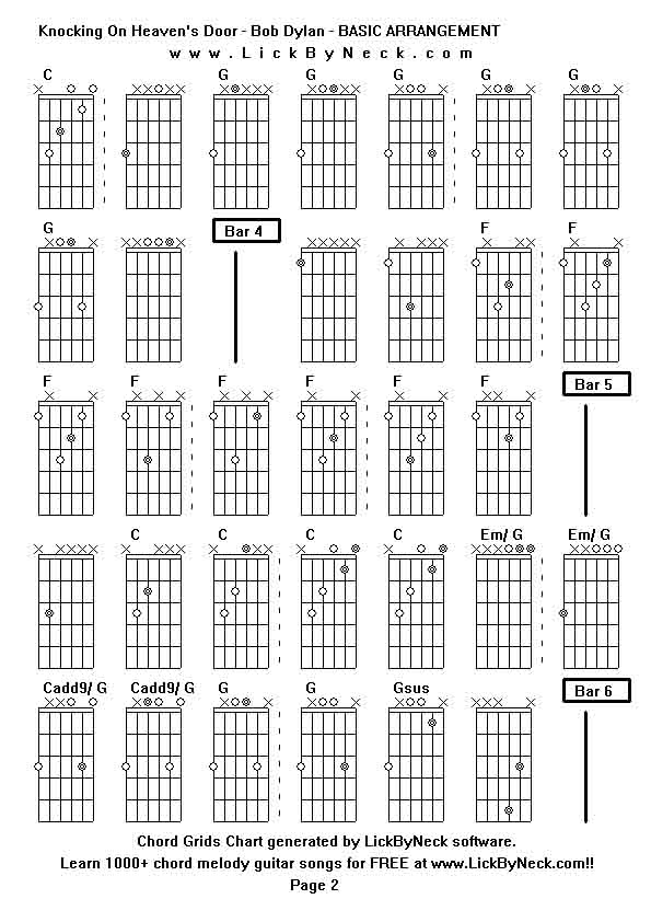 Chord Grids Chart of chord melody fingerstyle guitar song-Knocking On Heaven's Door - Bob Dylan - BASIC ARRANGEMENT,generated by LickByNeck software.